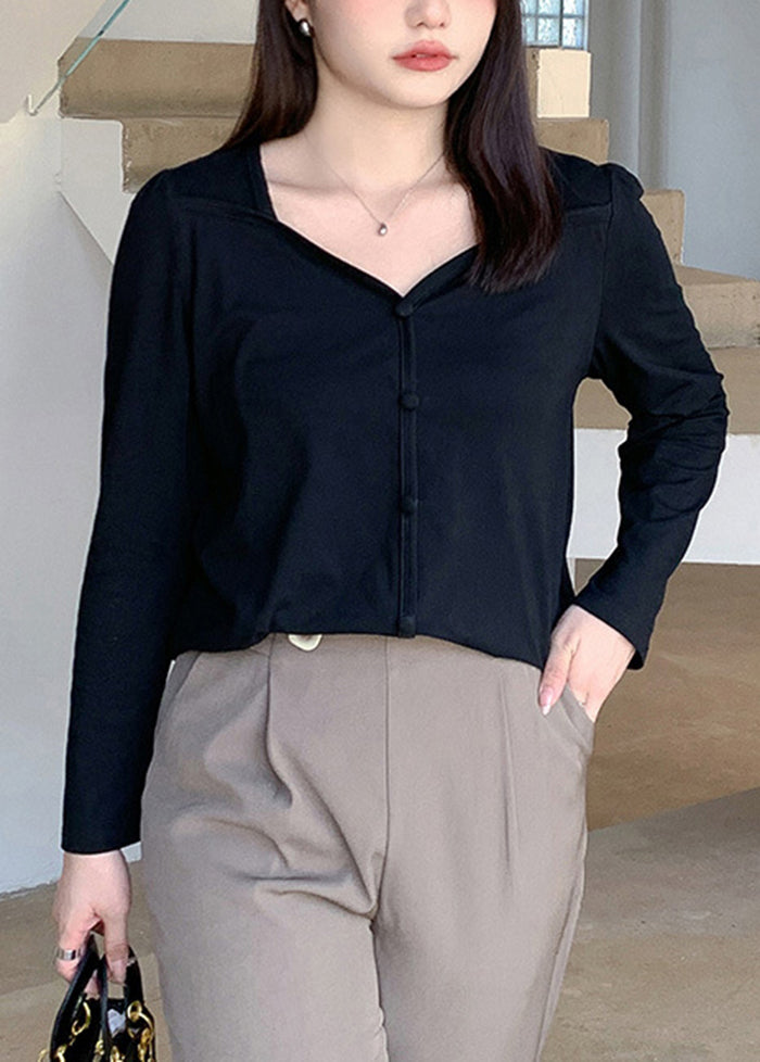Classy Black Square Collar Button Cotton Shirt Fall