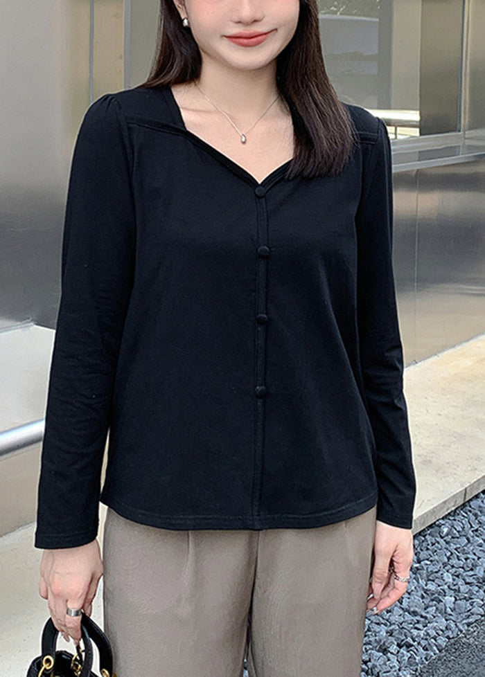 Classy Black Square Collar Button Cotton Shirt Fall