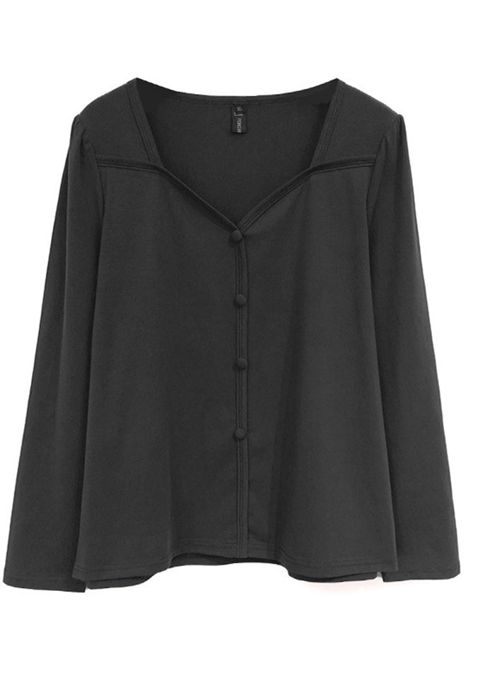Classy Black Square Collar Button Cotton Shirt Fall