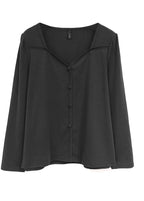Classy Black Square Collar Button Cotton Shirt Fall