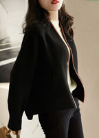 Classy Black V Neck Patchwork Button Wooled Blend Coats Fall