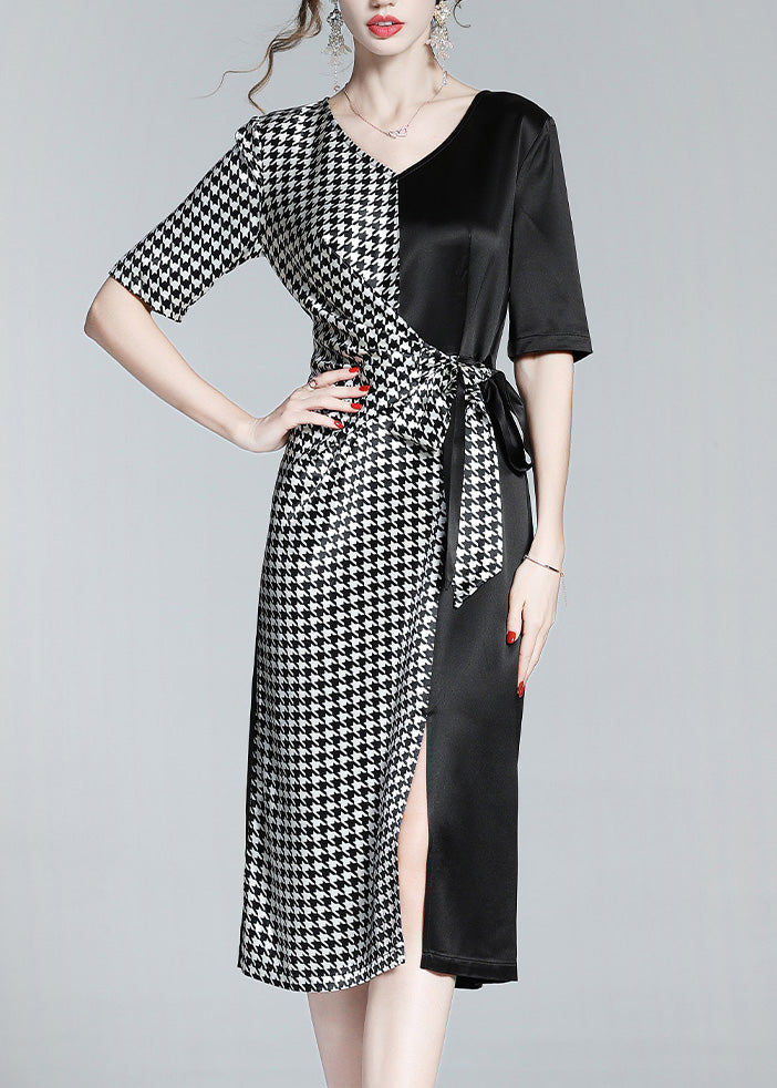 Classy Black V Neck Patchwork Plaid Tie Waist Silk Long Dresses Summer