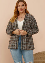 Classy Black V Neck Striped Plaid Woolen Coats Long Sleeve