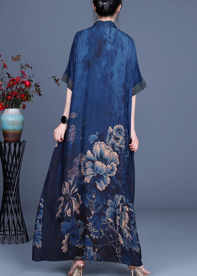 Classy Blue Print Patchwork Oriental Long Dress Summer