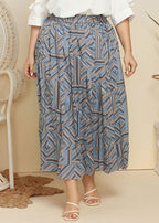 Classy Blue Print Wrinkled Patchwork Cotton Skirt Summer