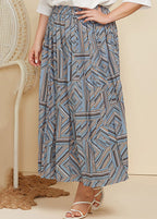 Classy Blue Print Wrinkled Patchwork Cotton Skirt Summer