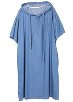 Classy Blue hooded Button Denim Dress Summer
