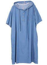 Load image into Gallery viewer, Classy Blue hooded Button Denim Dress Summer