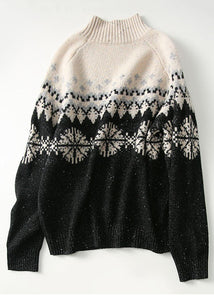 Classy Colorblock High Neck Thick Sequins Print Wool Knit Sweater Tops Winter