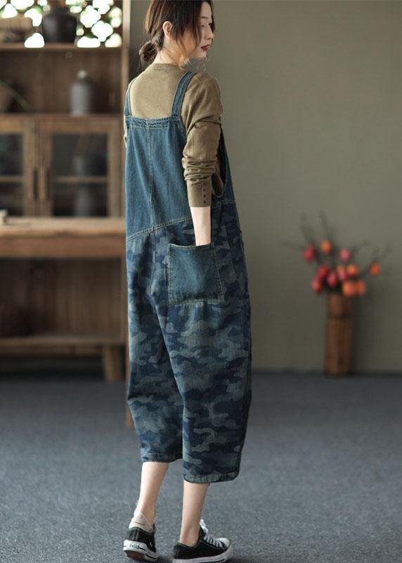 Classy Dark Blue Retro Print Cotton Body Suits Romper