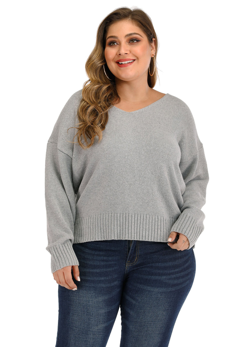 Classy Grey V Neck Thick Knit Sweaters Long Sleeve
