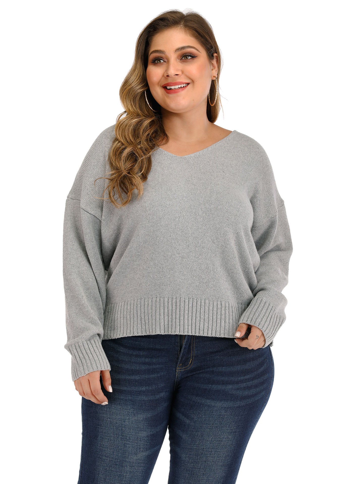 Classy Grey V Neck Thick Knit Sweaters Long Sleeve