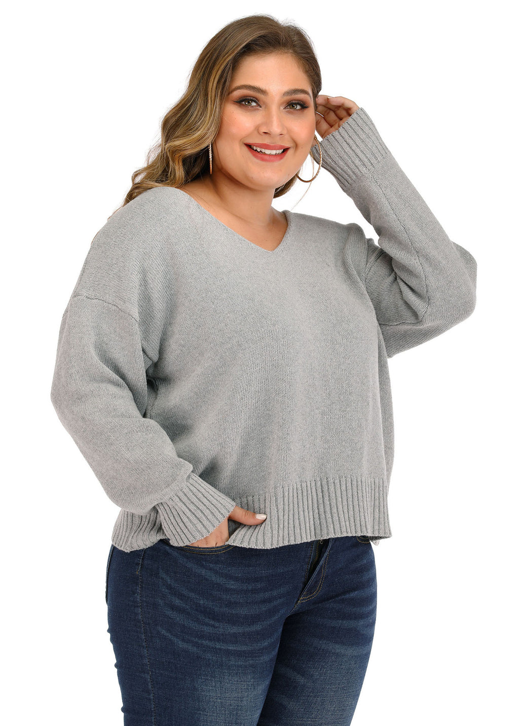 Classy Grey V Neck Thick Knit Sweaters Long Sleeve