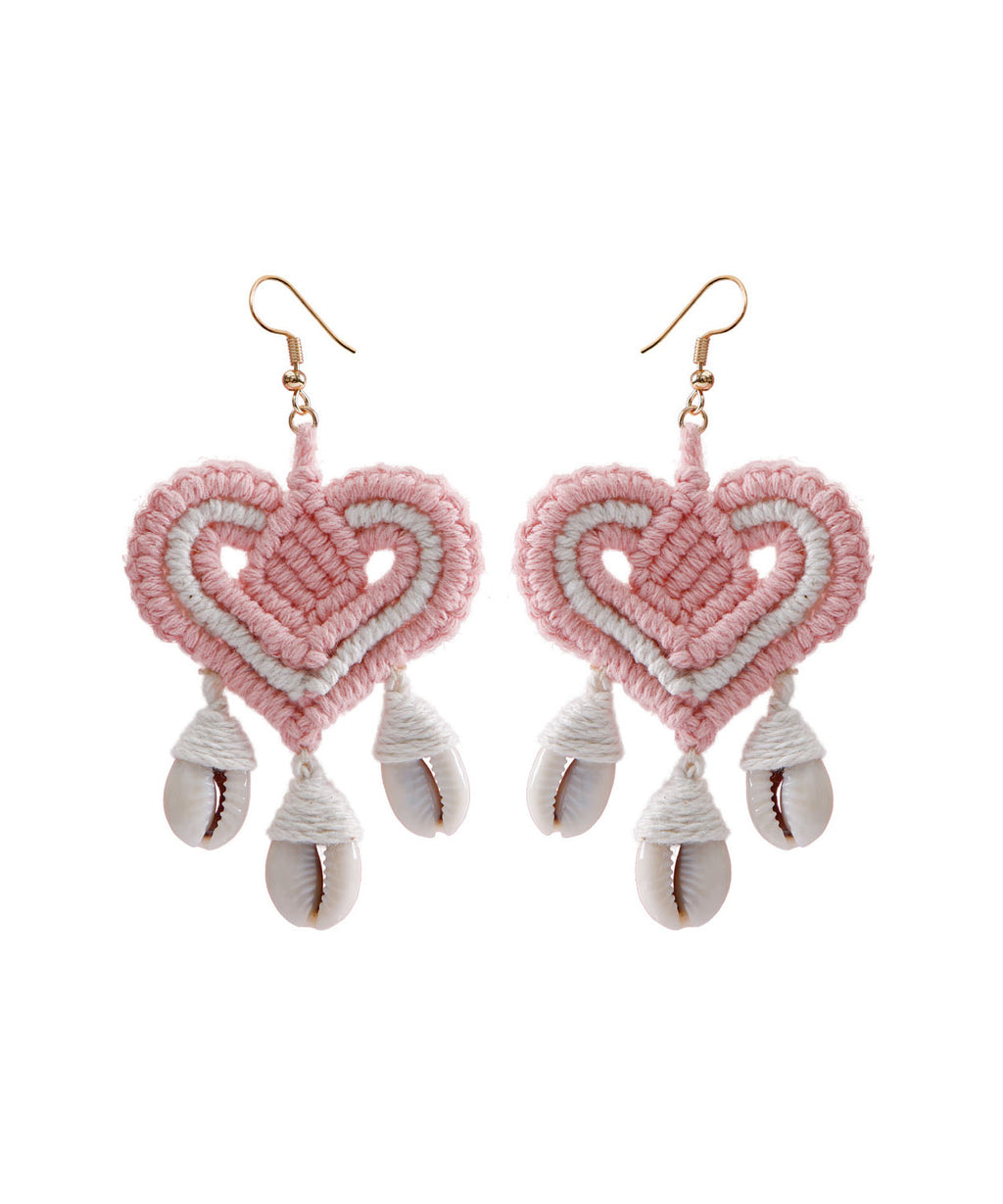 Classy Khaki Cotton Thread Shell Love Tassel Drop Earrings