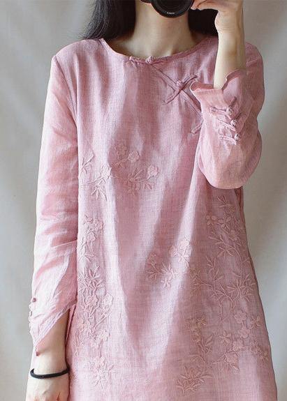 Classy O Neck Chinese Button Clothes For Women Shape Pink Embroidery Shirt