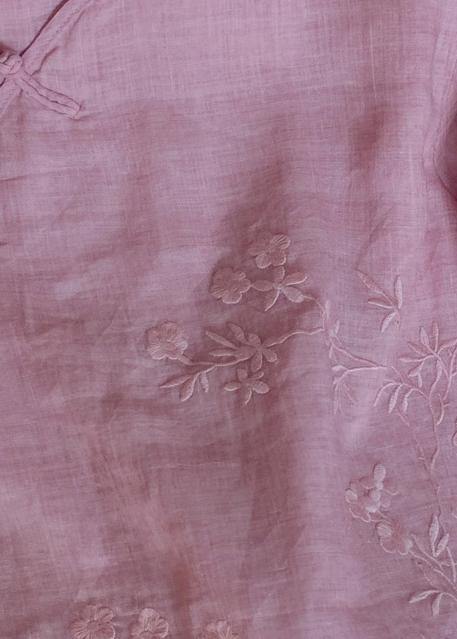 Classy O Neck Chinese Button Clothes For Women Shape Pink Embroidery Shirt