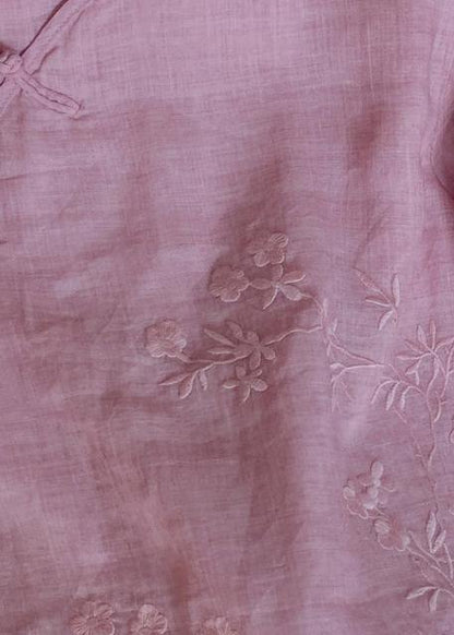 Classy O Neck Chinese Button Clothes For Women Shape Pink Embroidery Shirt