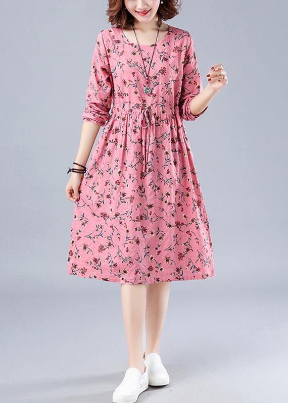 Classy O Neck Drawstring Spring Outfit Runway Pink Print Dress