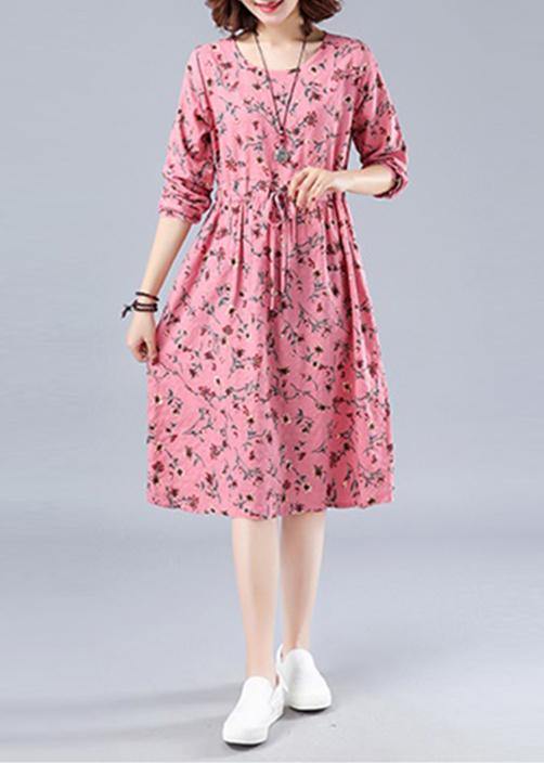 Classy O Neck Drawstring Spring Outfit Runway Pink Print Dress