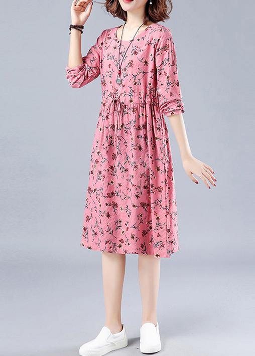 Classy O Neck Drawstring Spring Outfit Runway Pink Print Dress