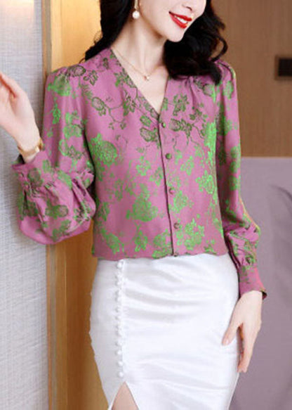 Classy Pink Button V Neck Jacquard Silk Shirt Long Sleeve