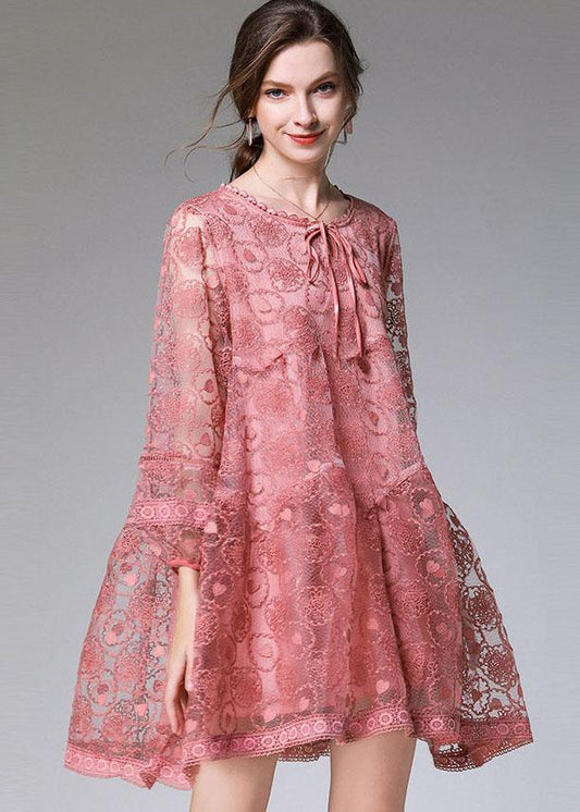 Classy Pink Fashion Spring Lace Party Dress Long Sleeve