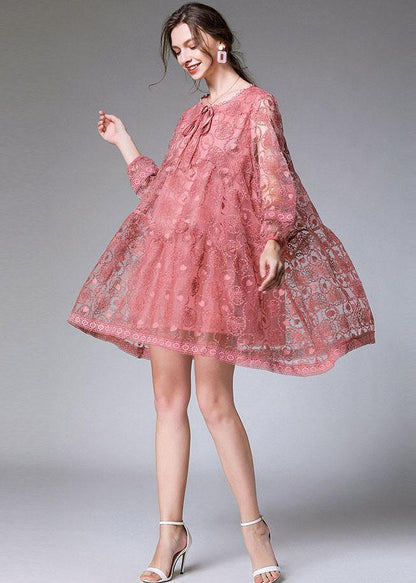 Classy Pink Fashion Spring Lace Party Dress Long Sleeve