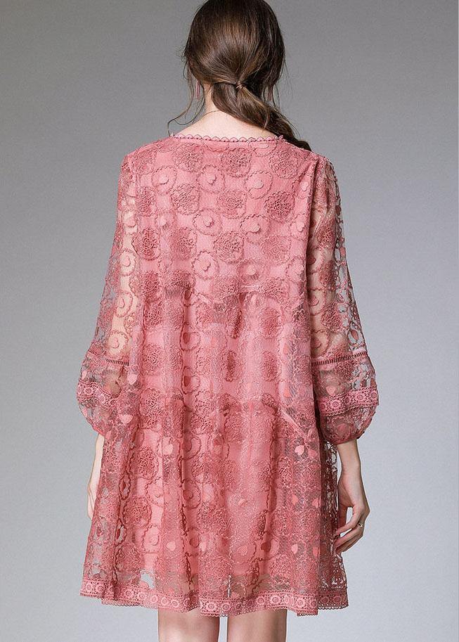 Classy Pink Fashion Spring Lace Party Dress Long Sleeve