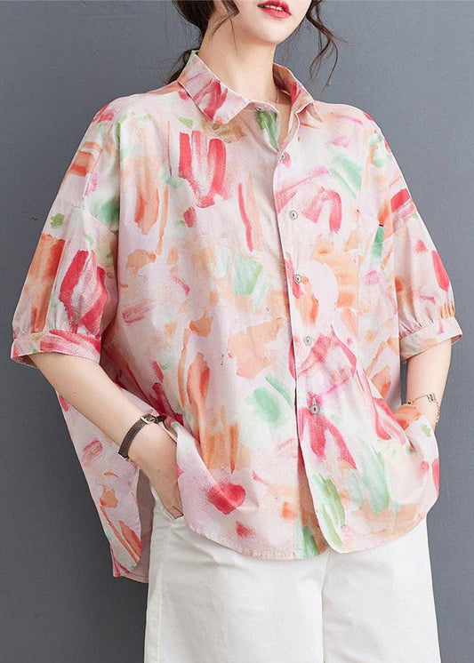 Classy Pink Peter Pan Collar Print Patchwork Cotton Shirts Summer