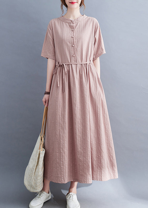 Classy Pink Stand Collar Button Tie Waist Long Dress Summer