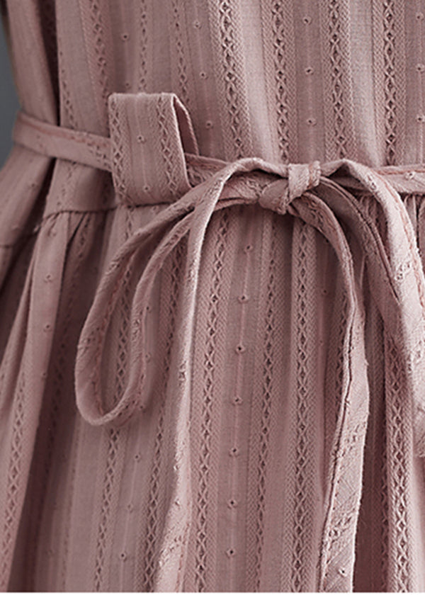 Classy Pink Stand Collar Button Tie Waist Long Dress Summer