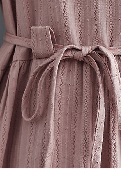 Classy Pink Stand Collar Button Tie Waist Long Dress Summer