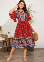 Classy Red O-Neck Print Tie Waist Silk Cotton Long Dress Half Sleeve