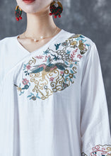 Load image into Gallery viewer, Classy White Embroideried Side Open Linen Dress Bracelet Sleeve
