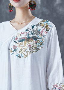 Classy White Embroideried Side Open Linen Dress Bracelet Sleeve