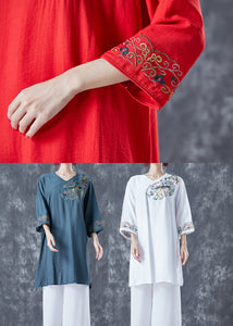 Classy White Embroideried Side Open Linen Dress Bracelet Sleeve