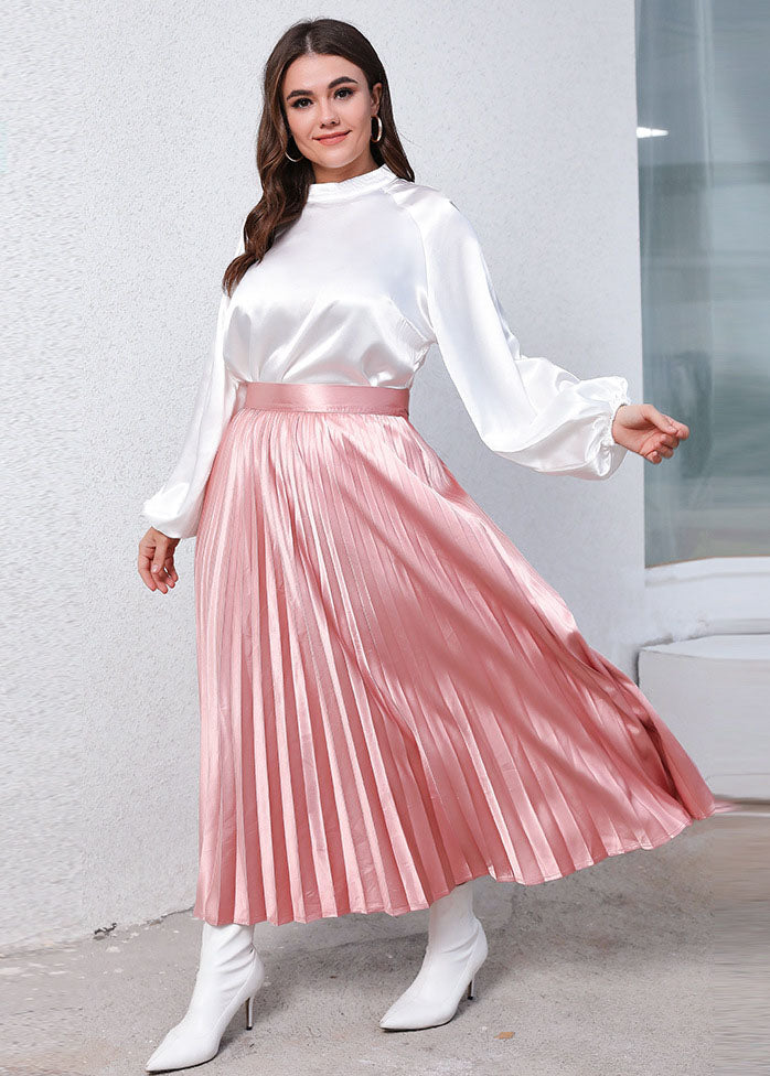Classy White Stand Collar Tops And Pink Pleated Skirt Silk Two-Piece Set Fall