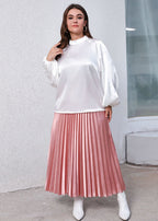 Classy White Stand Collar Tops And Pink Pleated Skirt Silk Two-Piece Set Fall