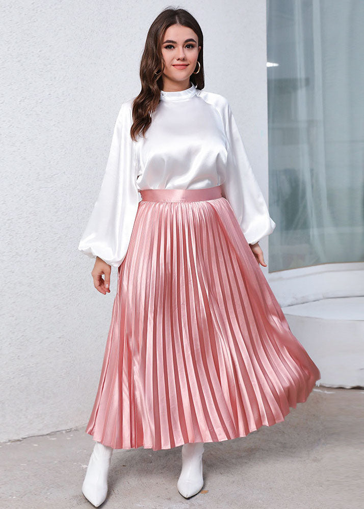 Classy White Stand Collar Tops And Pink Pleated Skirt Silk Two-Piece Set Fall