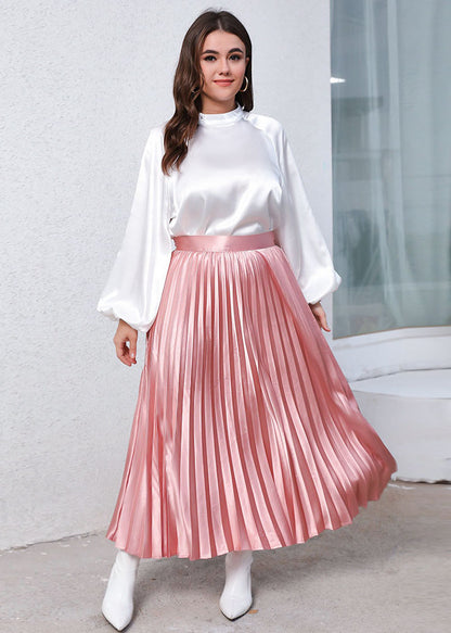 Classy White Stand Collar Tops And Pink Pleated Skirt Silk Two-Piece Set Fall