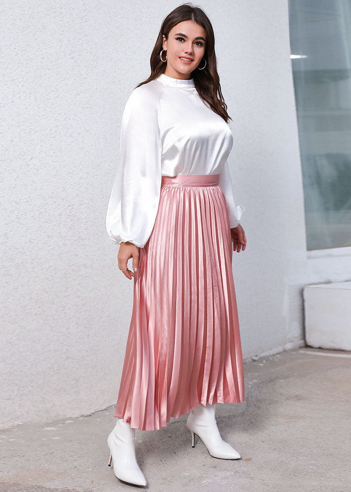 Classy White Stand Collar Tops And Pink Pleated Skirt Silk Two-Piece Set Fall