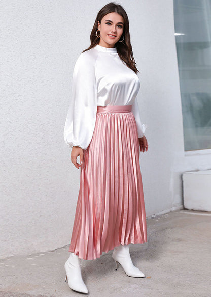 Classy White Stand Collar Tops And Pink Pleated Skirt Silk Two-Piece Set Fall