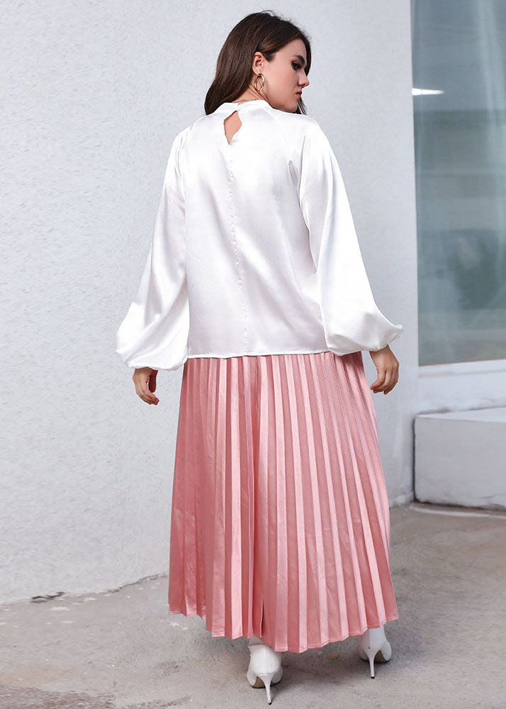 Classy White Stand Collar Tops And Pink Pleated Skirt Silk Two-Piece Set Fall