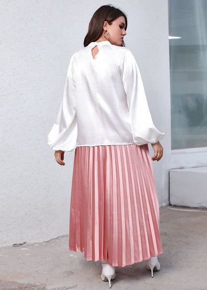 Classy White Stand Collar Tops And Pink Pleated Skirt Silk Two-Piece Set Fall