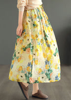 Classy Yellow Drawstring Wrinkled Print Patchwork Linen Skirts Summer
