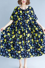 Load image into Gallery viewer, Classy navy print linen dresses plus size Work o neck short sleeve cotton robes Summer Dresses