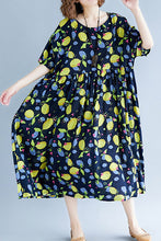 Load image into Gallery viewer, Classy navy print linen dresses plus size Work o neck short sleeve cotton robes Summer Dresses