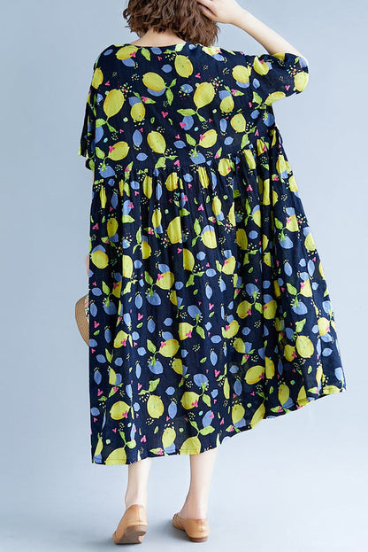 Classy navy print linen dresses plus size Work o neck short sleeve cotton robes Summer Dresses