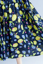 Load image into Gallery viewer, Classy navy print linen dresses plus size Work o neck short sleeve cotton robes Summer Dresses