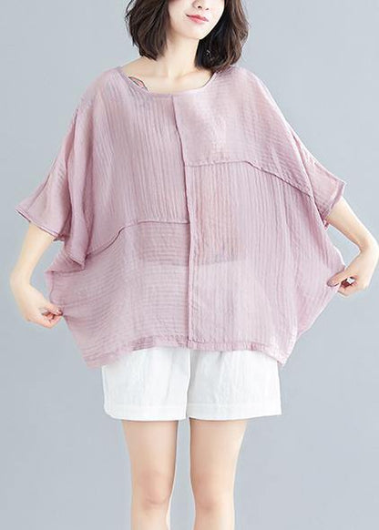 Classy o neck Batwing Sleeve patchwork cotton blended tops women blouses Boho Outfits pink short blouse Summer